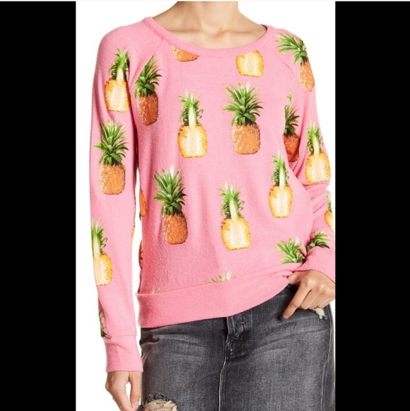 Chaser Fleece Pullover Pineapple Print Lightweight Long Sleeve Crew Pink S NWT - Picture 3 of 8